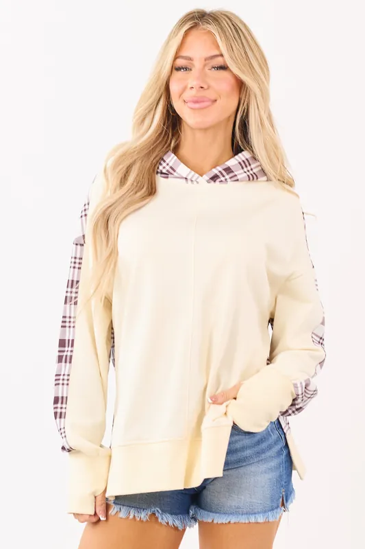 Cream Patchwork Plaid Sweatshirt Hoodie - Kentce