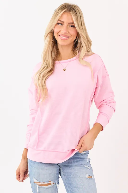 Carnation Ribbed Exposed Seam Relaxed Pullover Top - Kentce