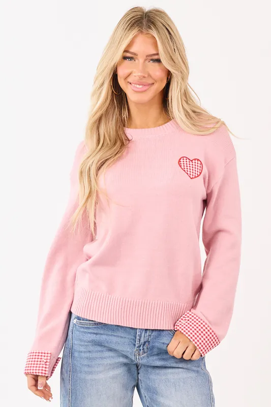 Cherry Blossom Gingham Heart Embroidered Sweater - Shewin