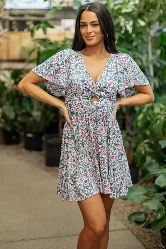 Coconut Floral Print Flutter Sleeve Mini Dress - ANGIE
