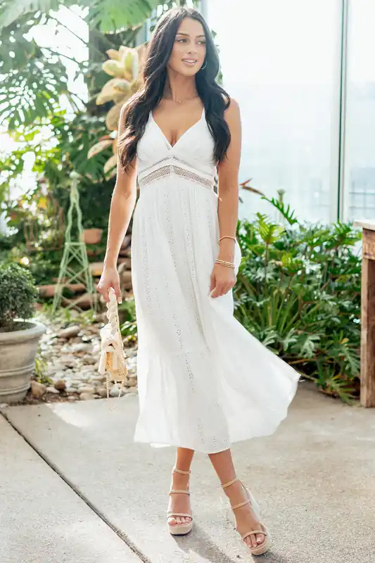 White Eyelet Open Lace Sleeveless Midi Dress - ANGIE