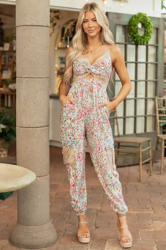 Vanilla Floral Front Twist Cargo Pocket Jumpsuit - ANGIE