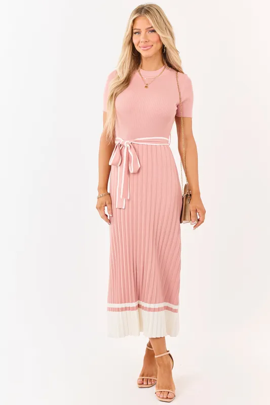 Dusty Punch Pleated Rib Knit Waist Tie Midi Dress - Camellia Clothing