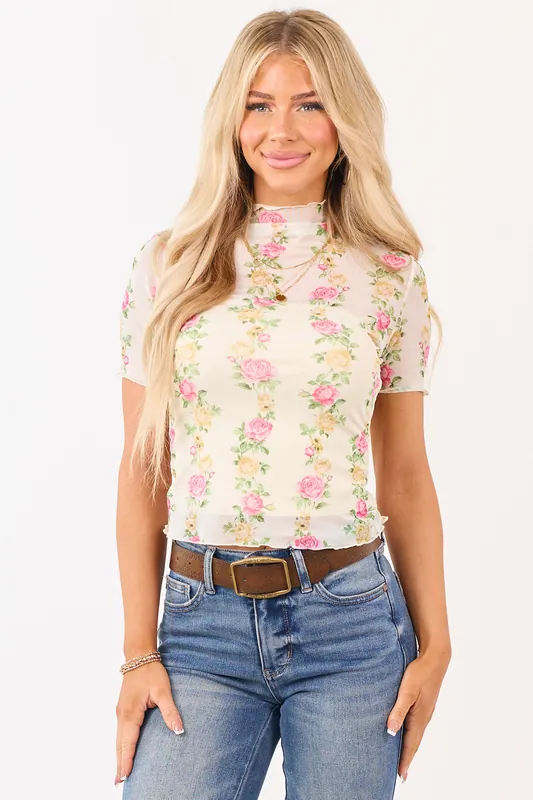 Cream Floral Print Mock Neck Short Sleeve Mesh Top - So Me