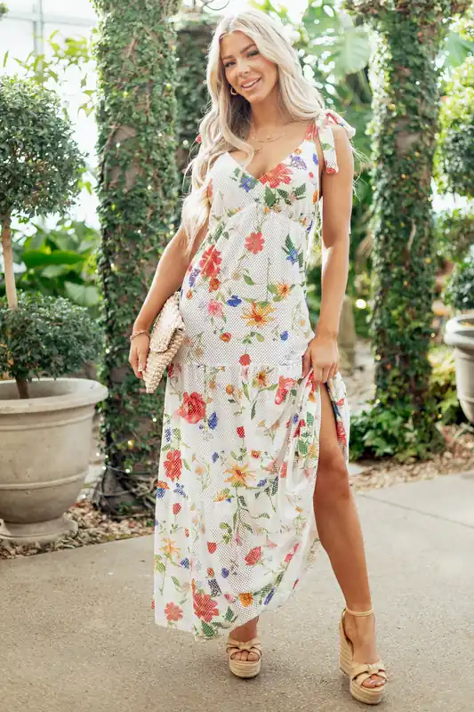 White Floral Mesh Scuba Knit Tie Strap Maxi Dress - Illa Illa