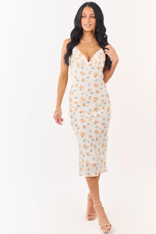 Cream Floral Print Frill Detail Chiffon Midi Dress - Bailey Rose