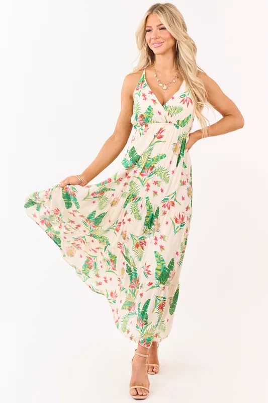 Almond Floral Print Surplice Sleeveless Maxi Dress - Timing