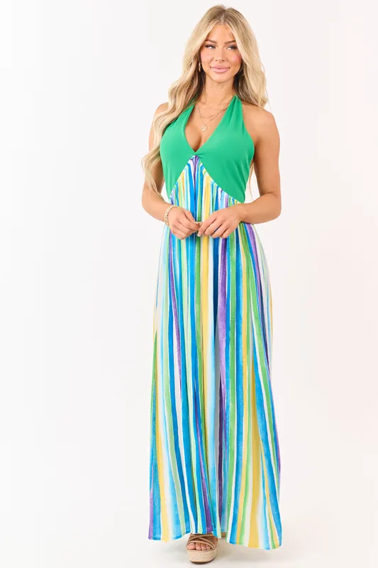 Kelly Green Halter Neck Contrast Striped Maxi Dress - Ces Femme