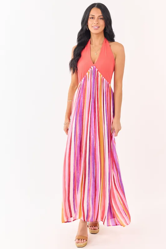 Scarlet Halter Neck Contrast Striped Maxi Dress - Ces Femme