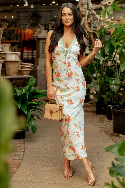Sage Floral Satin Lace Trim Deep V Maxi Dress - Bailey Rose
