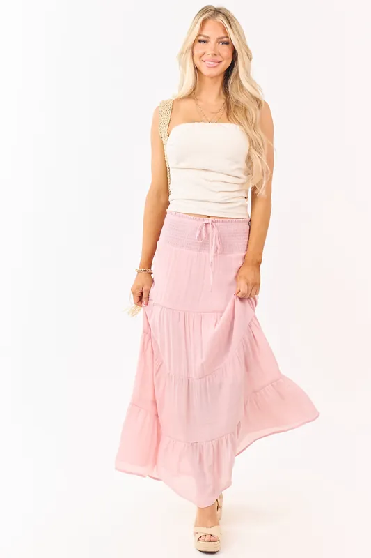 Dusty Blush Smocked Waist Tiered Maxi Skirt - Style Melody
