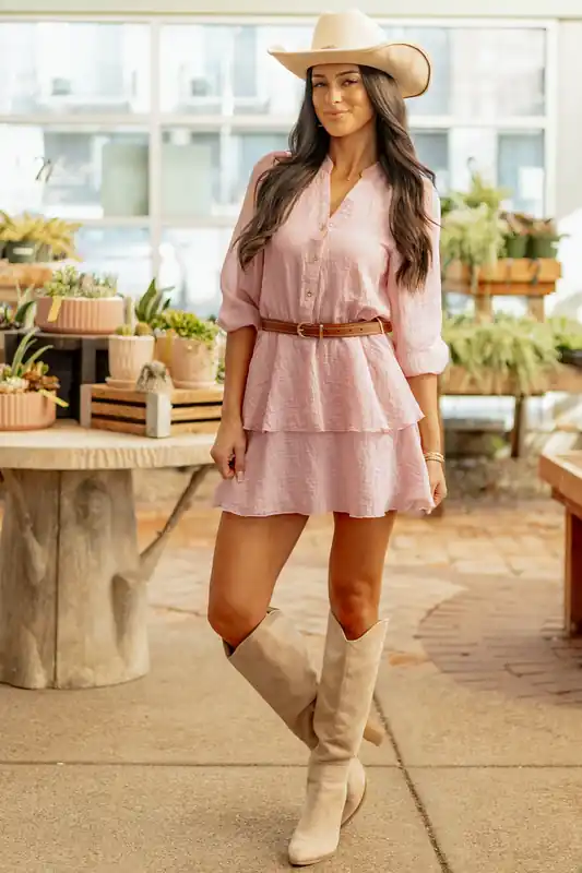 Dusty Blush Half Button Down Belted Mini Dress - Style Melody