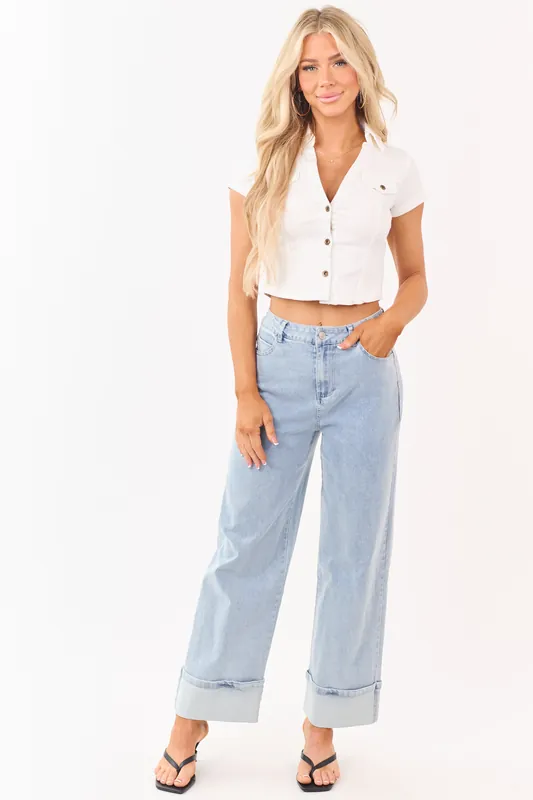 Entro Light Wash Stretchy Cuffed Wide Leg Jeans