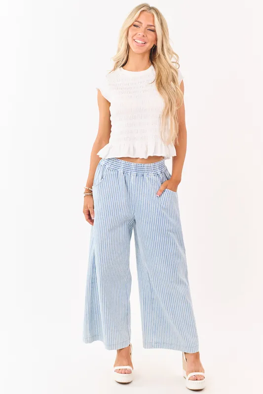 Dusty Blue Railroad Striped Elastic Waist Wide Pants - Umgee