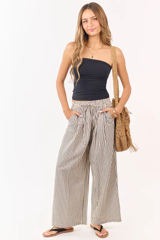 Almond and Black Striped Wide Leg Pants - Umgee