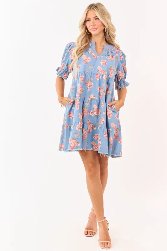Light Wash Floral Print Denim Tiered Mini Dress - Umgee