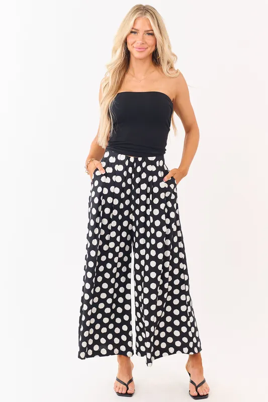Black and Cream Polka Dot Wide Leg Pants - Umgee