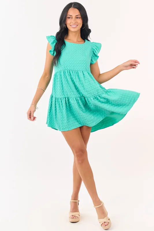 Aquamarine Textured Checkered Cap Sleeve Mini Dress - Umgee