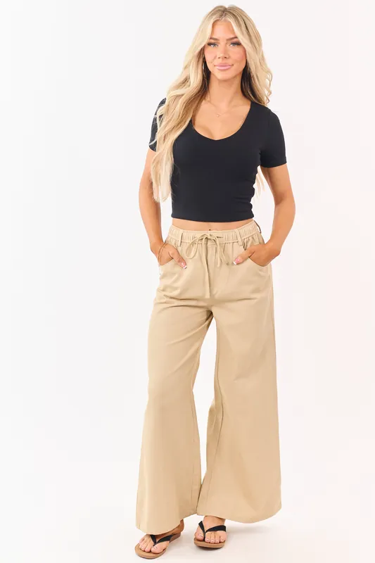 Beige Denim Elastic Waist Wide Leg Pants - In February