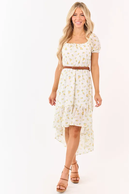 White Floral Print High Low Hem Belted Mini Dress - Almost Famous