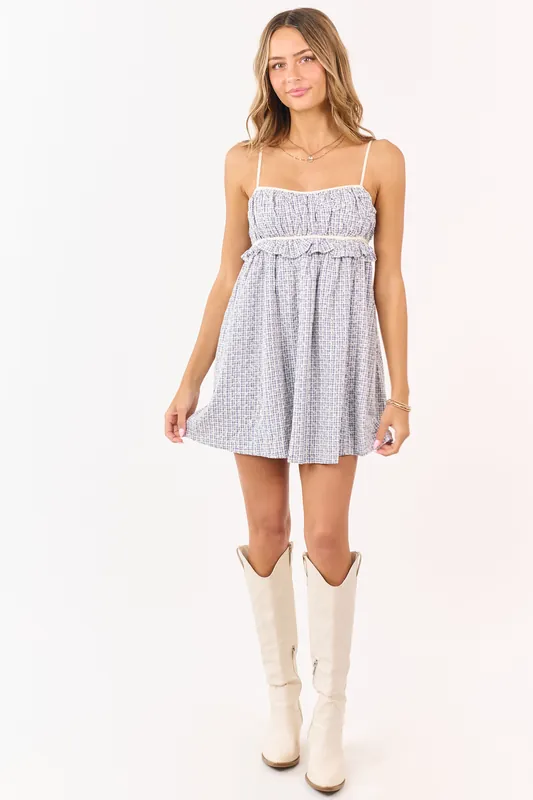 Cobalt and White Plaid Cotton Babydoll Mini Dress - Privy
