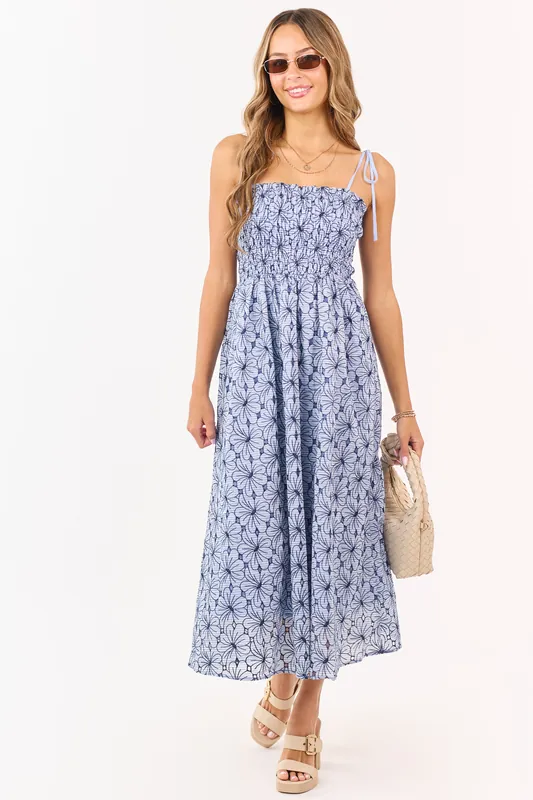Dusty Blue Floral Cotton Smocked Maxi Dress - GeeGee