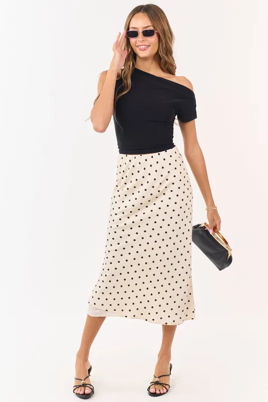 Champagne and Black Polka Dot Satin Midi Skirt - LE LIS