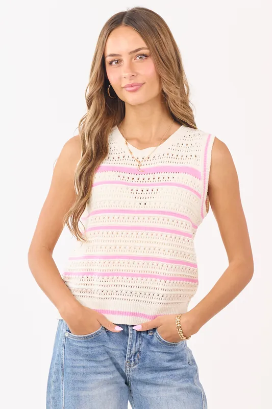 Cream Striped Pointelle Crochet Tank Top - Mittoshop