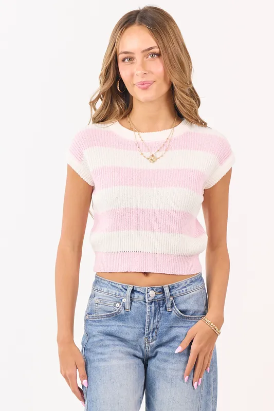 Carnation and Cream Striped Short Sleeve Sweater Top - HYFVE