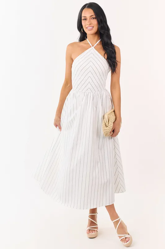 White and Black Cotton Pin Stripe Halter Maxi Dress - Baby Pink