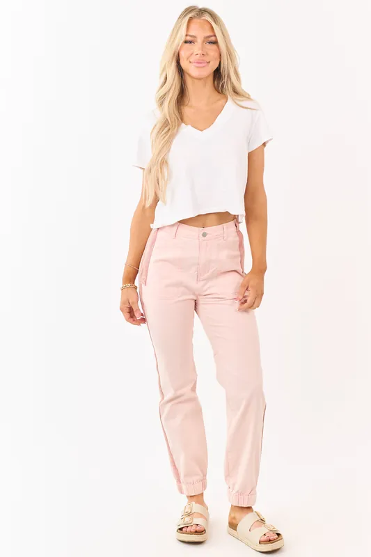 Tea Rose Sideline Contrast Stripe Denim Joggers - Camellia Clothing