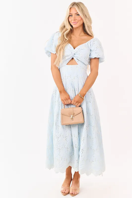 Baby Blue Eyelet Lace Front Twist Maxi Dress - Camellia Clothing