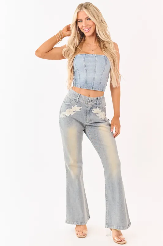 Light Stone Wash Western Patch Bootcut Stretch Jeans - Blue B