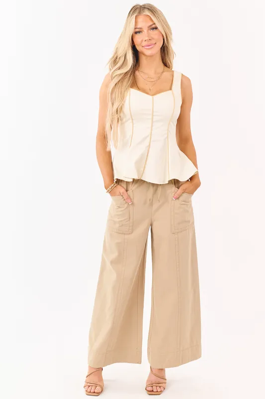 Khaki Elastic Drawstring Waist Wide Leg Twill Pants - Mittoshop