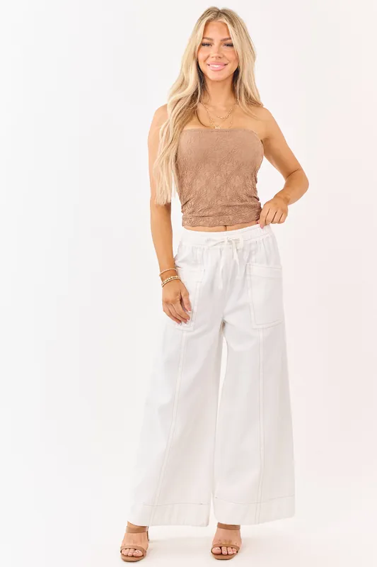 Ivory Elastic Drawstring Waist Wide Leg Twill Pants - Mittoshop