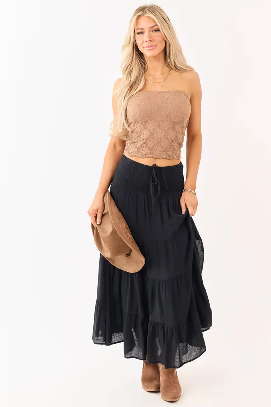 Black Smocked Waist Tiered Flowy Maxi Skirt - Mittoshop