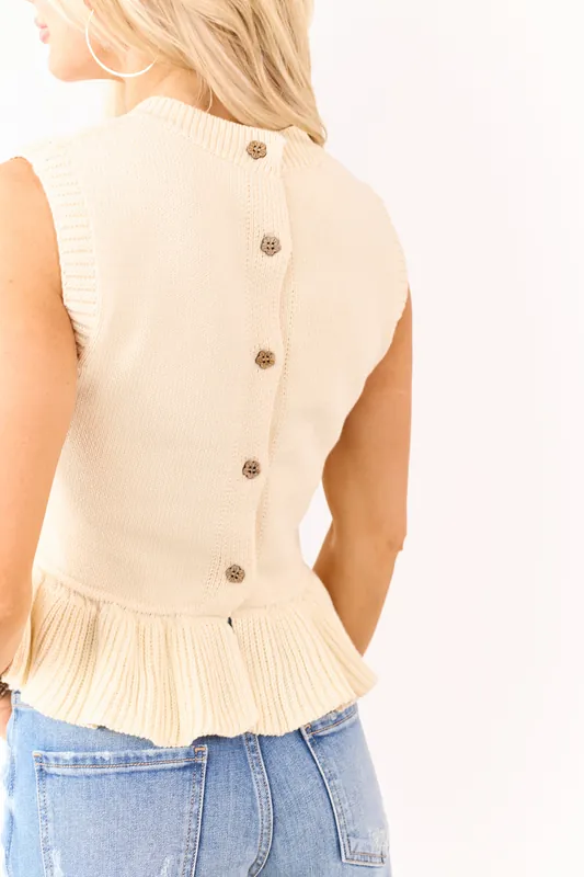 Cream Cotton Rib Knit Back Button Down Sweater Vest - Heyson