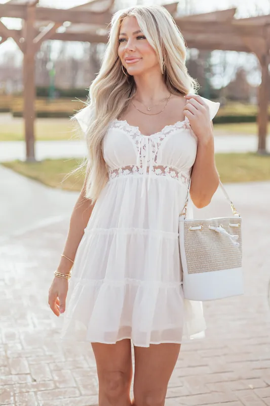 Ivory Lace Trim Tiered Ruffle Mini Dress - Very J