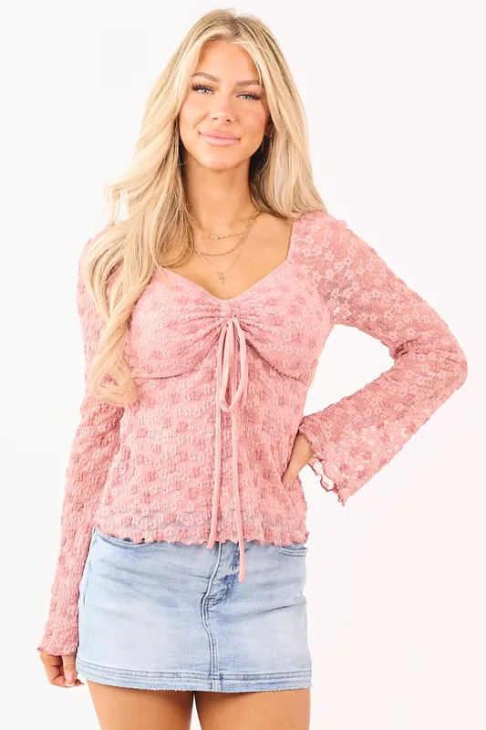 Watermelon Textured Floral Lace Flare Sleeve Top - Shewin