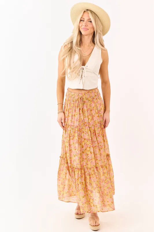 Tangerine Floral Print Tiered Maxi Skirt - Mittoshop