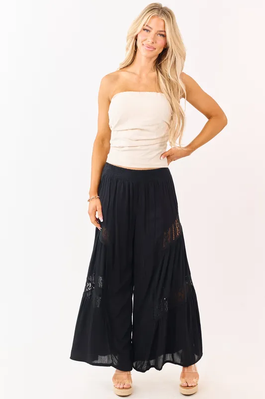 Black Crochet Lace Paneling Palazzo Leg Pants - ANGIE