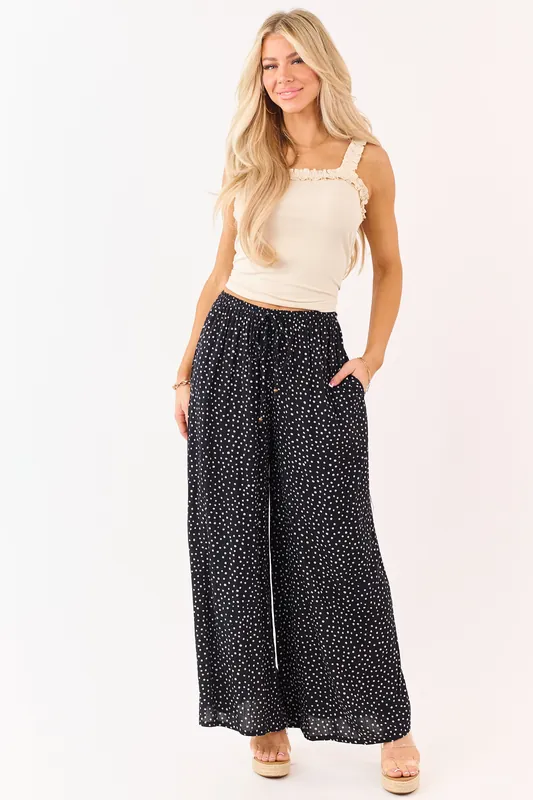 Black Polka Dot Elastic Waist Wide Leg Pants - ANGIE