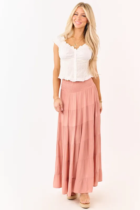 Dusty Rose Smocked Waist Tiered Maxi Skirt - ANGIE