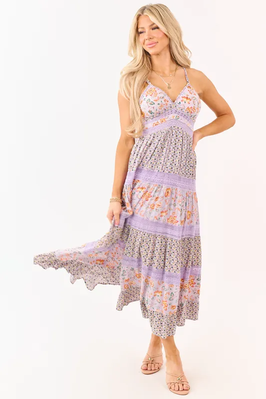 Lavender Floral Mix Print Sleeveless Maxi Dress - ANGIE