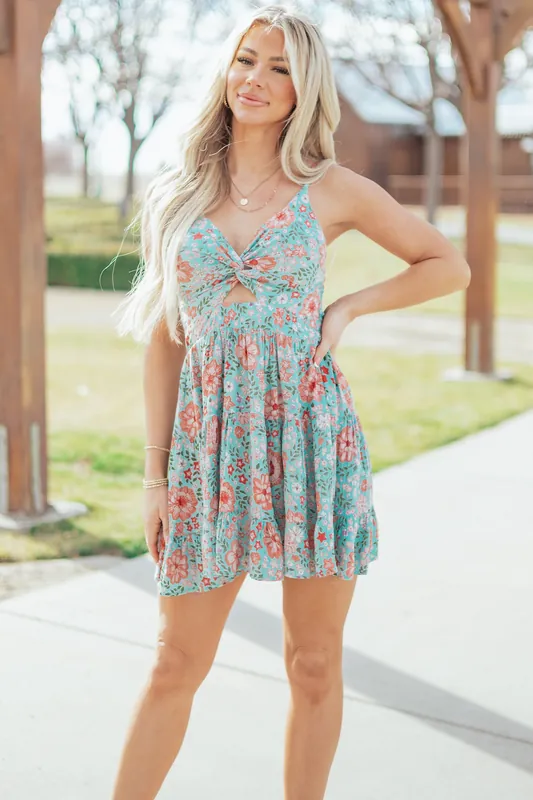 Aqua Floral Print Front Twist Tiered Mini Dress - ANGIE