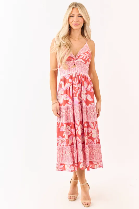 Punch Floral Print Front Twist Tiered Maxi Dress - ANGIE