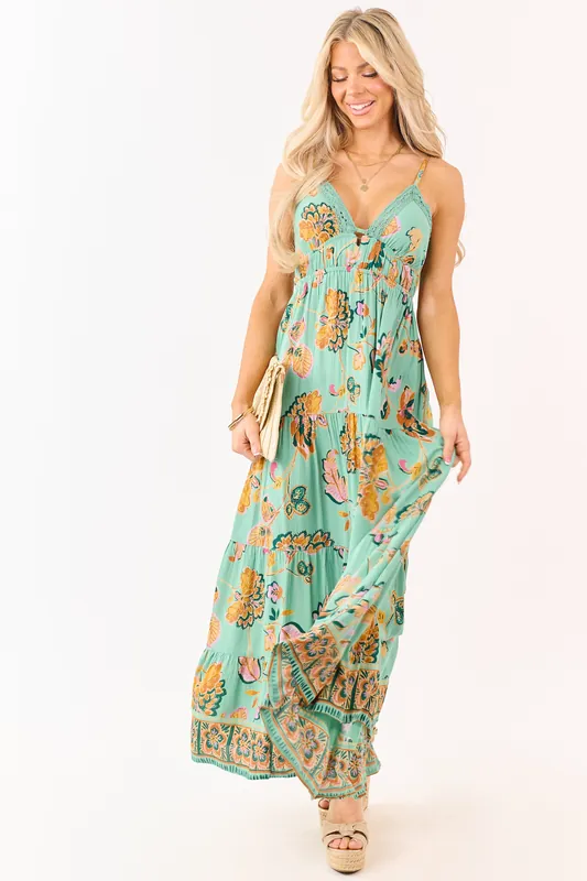 Jungle Green Floral Print Lace Trim Maxi Dress - ANGIE