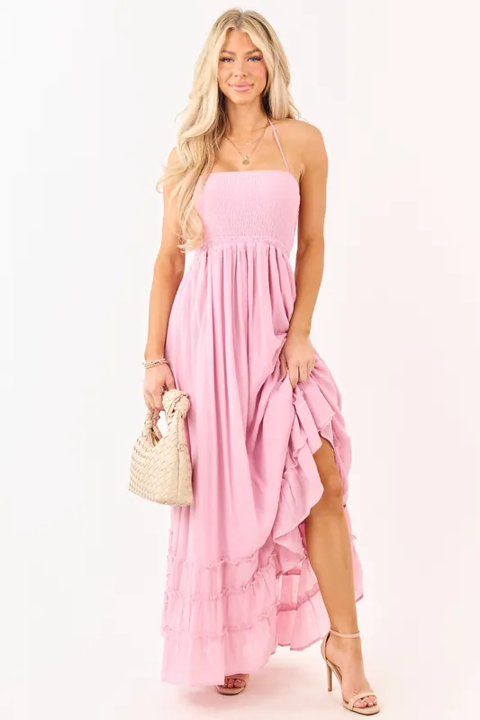 Baby Pink Smocked Open Back Halter Maxi Dress - HYFVE