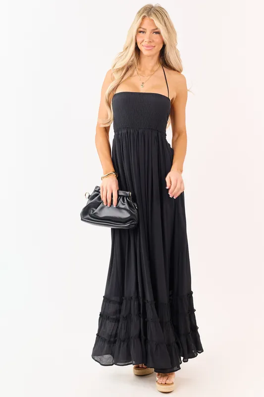 Black Smocked Open Back Halter Maxi Dress - HYFVE