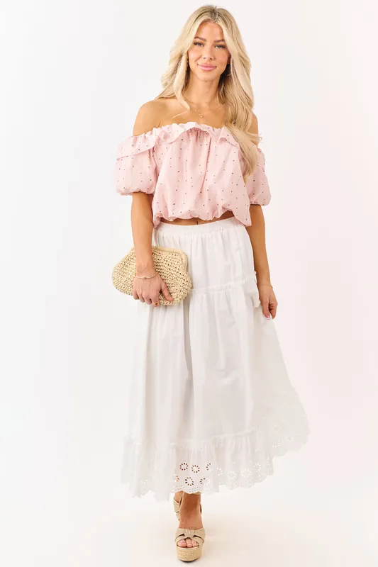 White Daisy Eyelet Hem Tiered Cotton Maxi Skirt - HYFVE